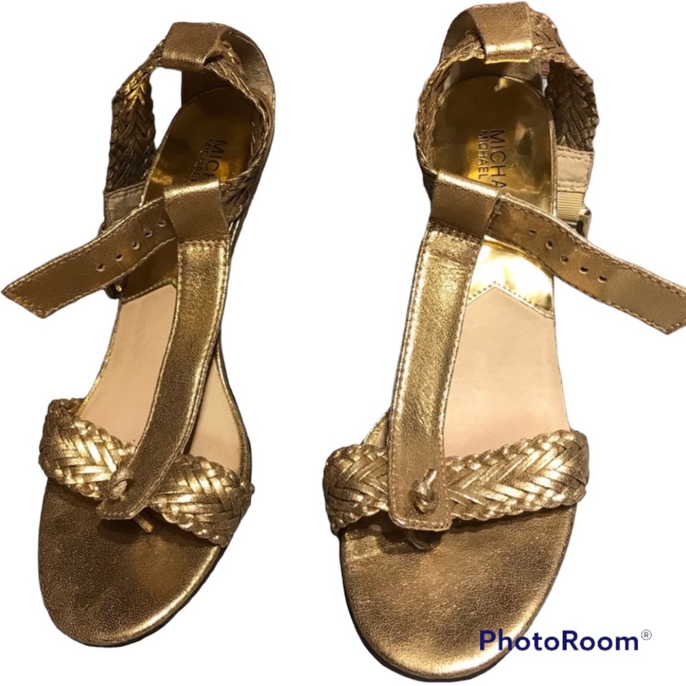 Michael Kors Gold leather Juniper sandals womens 8.5M Glamour golden age